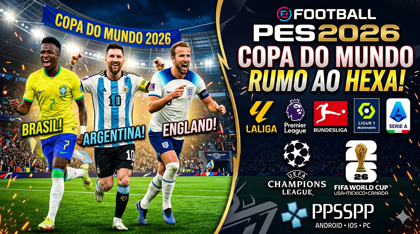 eFootBall PES 2026 Versão Copa Do Mundo 100% PPSSPP Via MEDIAFIRE Lite Download Versão 3