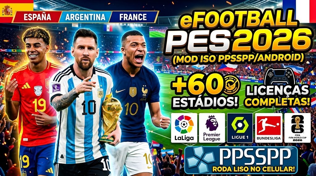 Novo eFootBall PES 2026 Para PPSSPP Download MEDIAFIRE Gráficos Realistas
