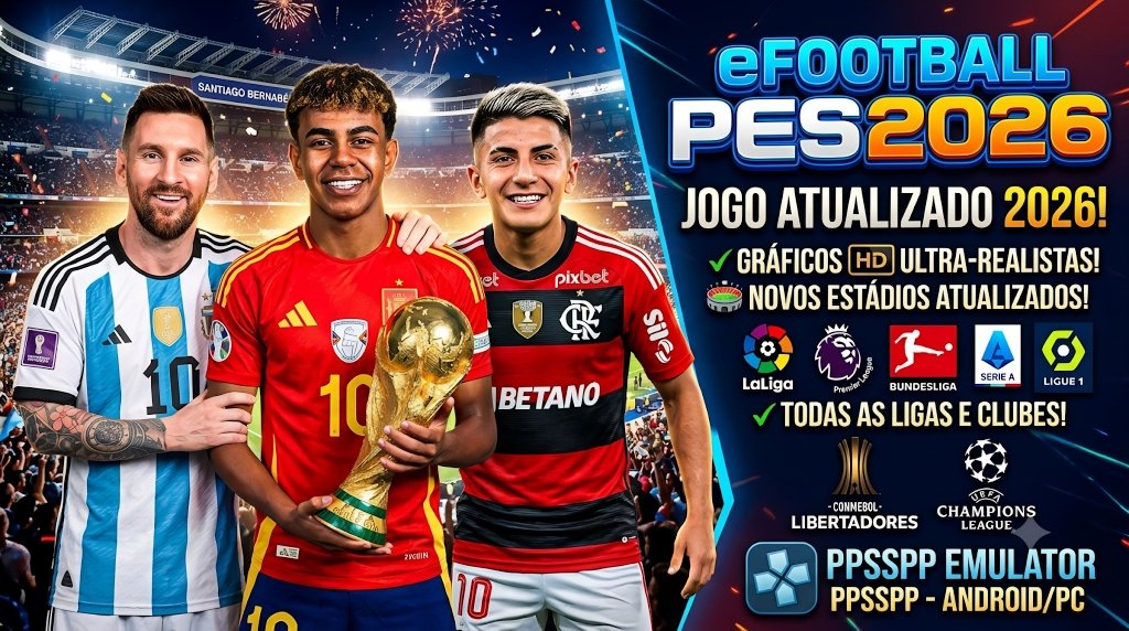 Lançou! eFootBall PES 2026 Para PPSSPP Download MEDIAFIRE Gráficos Realistas Atualizado